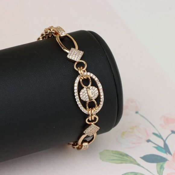 "Rose Gold Chain Bracelet with Oval Crystal Charm & Textured Links, XPBL0927 - Picture 9 of 13